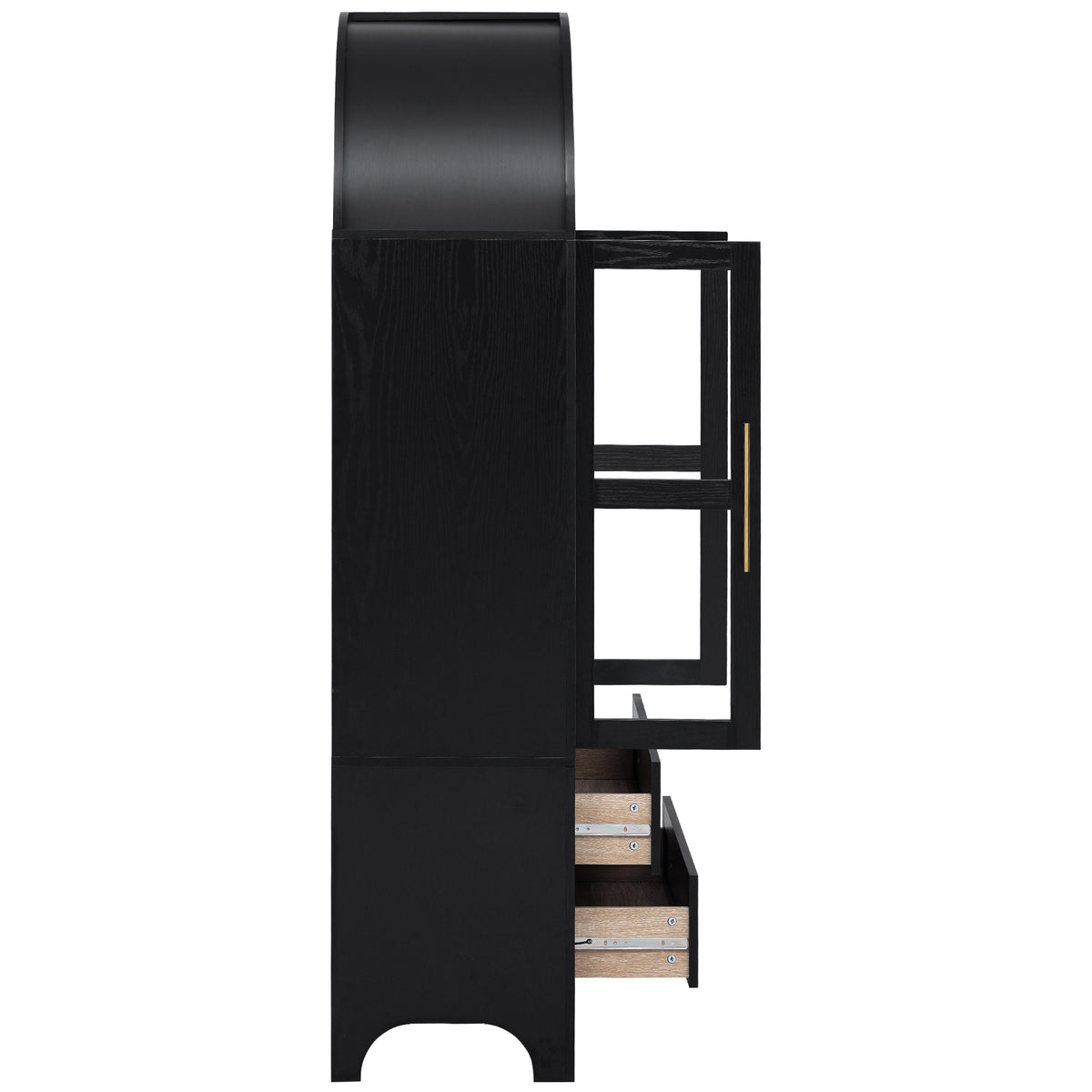 variant-group:rf-n707p288972b|Roomfitters 71" Pantry Cabinet with Arched Top and Glass Doors, 2 Storage Drawers and Adjustable Shelves for Kitchen, Black
