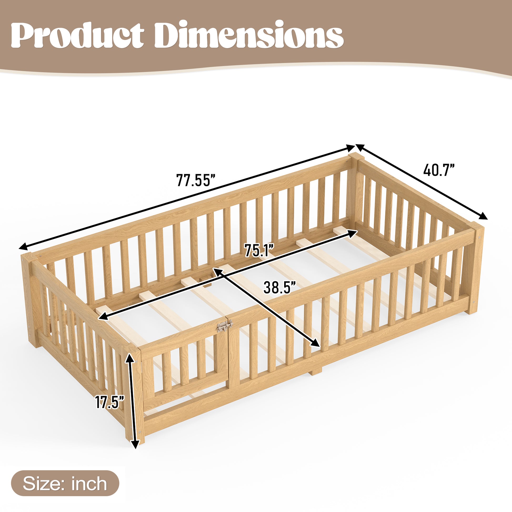 variant-group:rf-w1580p462314|Roomfitters Twin Size Wooden Floor Bed Frame with Safety Guardrails Door, Solid Wood Low Profile Toddler Play Bed, Natural