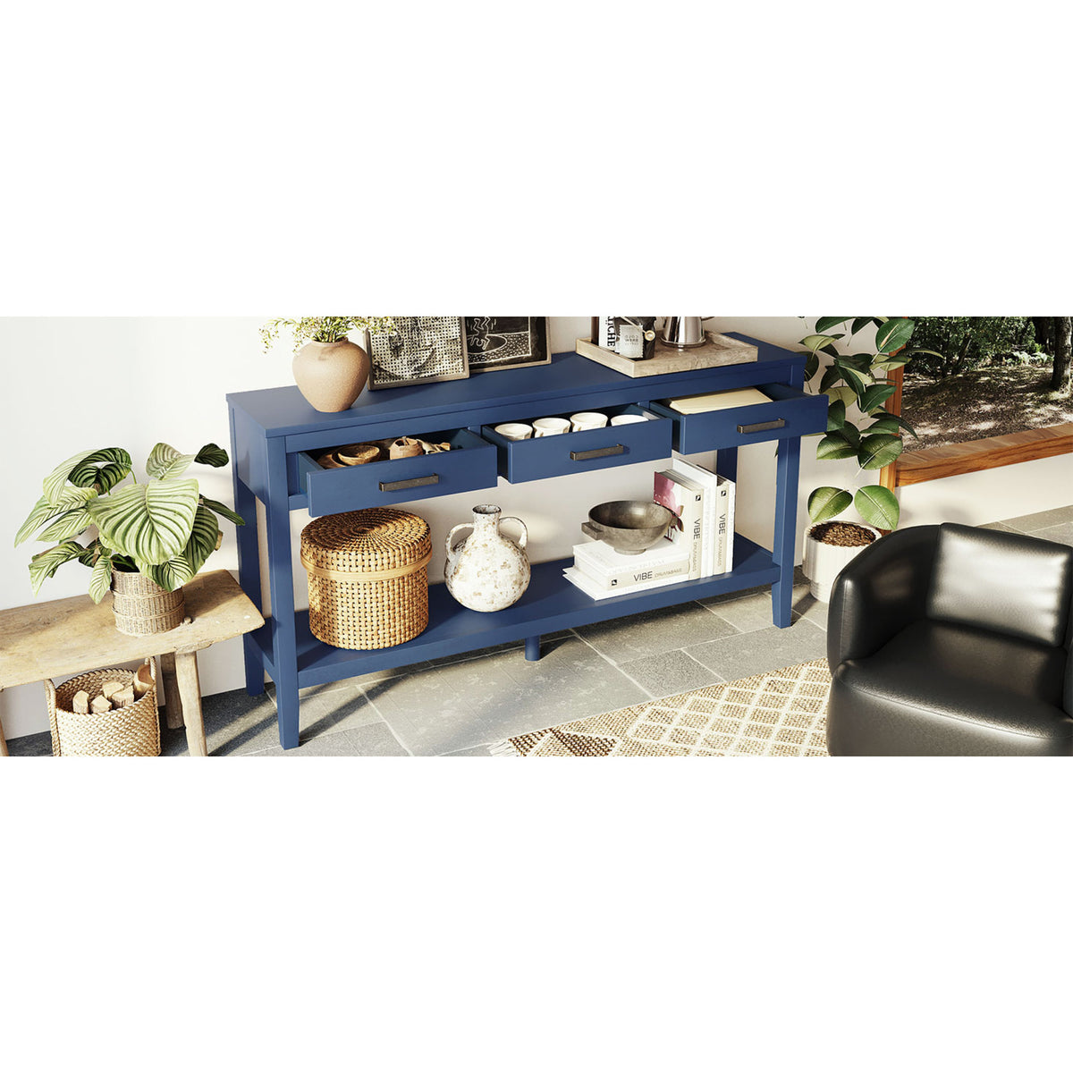 variant-group:rf-n711p410445v|Roomfitters 59.1" Farmhouse Entryway Table with 3 Drawers, Slim Console Sofa Table with Open Shelf for Hallway, Navy Blue