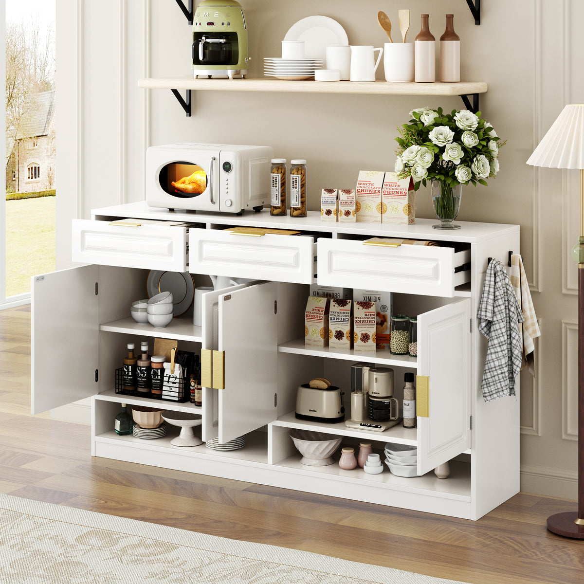 variant-group:rf-n711p345213k|Roomfitters 59.1" Farmhouse Sideboard Buffet Cabinet with 3 Drawers and 4 Doors, Kitchen Storage with Open Shelf, White