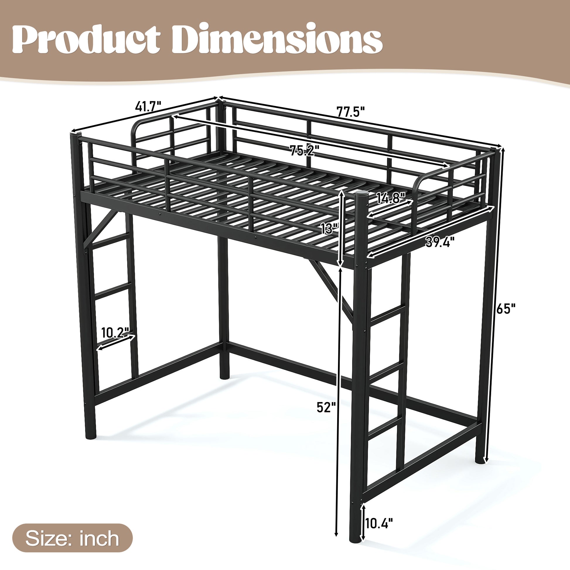variant-group:rf-w1580p455010|Roomfitters Twin Size Metal Loft Bed Frame with Guardrails, Heavy Duty Space Saving High Loft Bed Dual Ladders, Black
