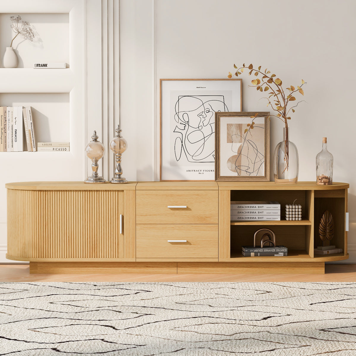 variant-group:rf-n724p420639w|Roomfitters Modern Entertainment Center Console Table with 2 Central Drawers, Acacia Wood