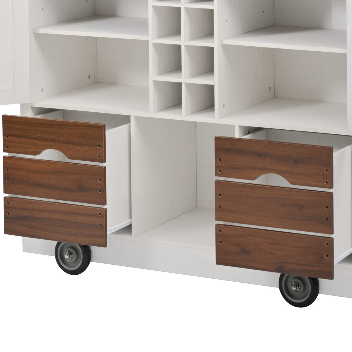 variant-group:rf-n707p349814w|Roomfitters 54" Farmhouse Kitchen Island with Drop Leaf, Power Outlet, Wine Rack, 2 Drawers, 2 Doors, White