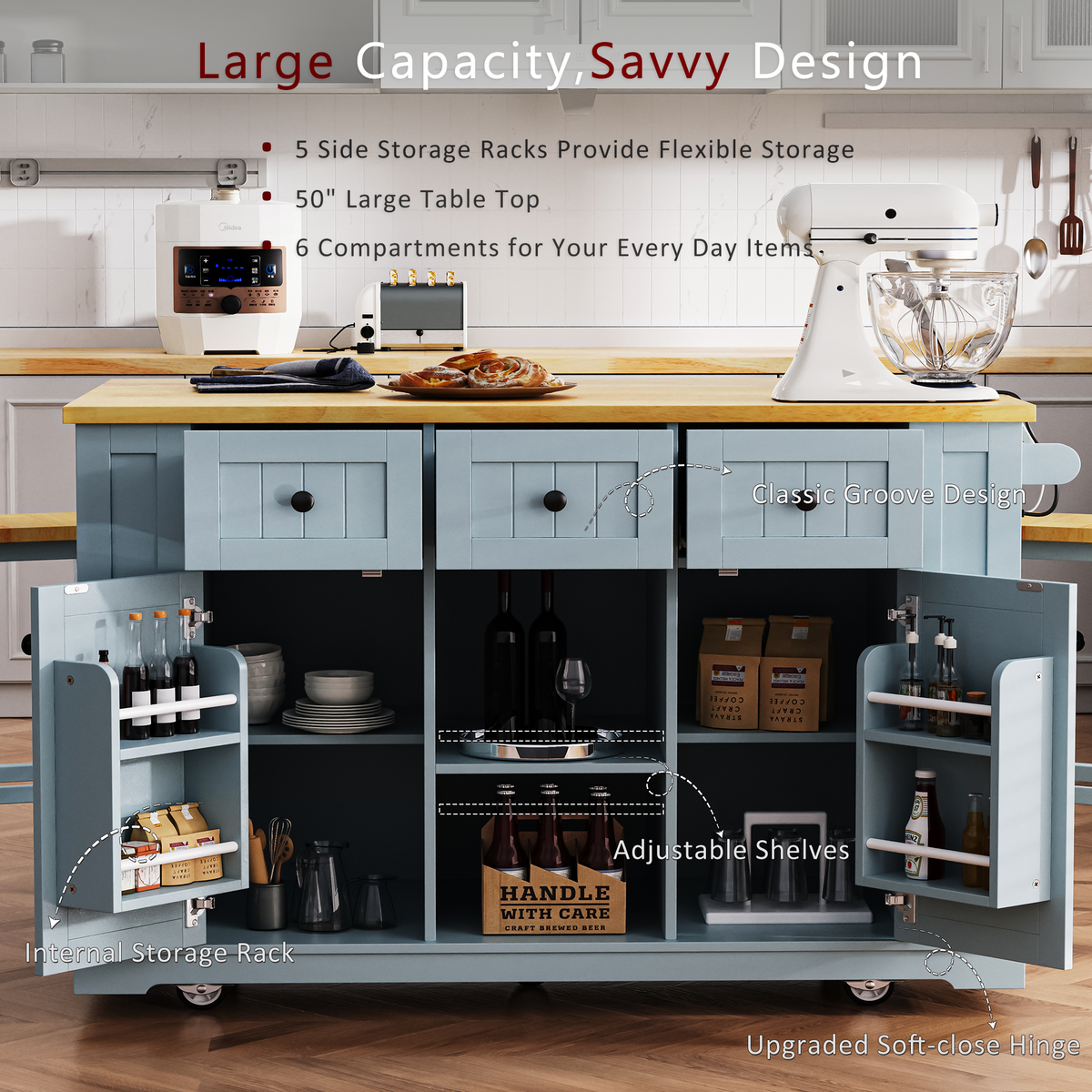 variant-group:rf-n707s003007g|Roomfitters 53" Kitchen Island with 2 Bar Stools, Drop Leaf, Power Outlet, Rolling Kitchen Cart Set with Storage, Grey-Blue