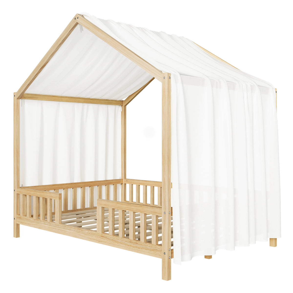 variant-group:rf-n733p356048m|Roomfitters Full Montessori Floor Bed with Canopy, House Shape Wood Frame with Safety Rails, Platform Bed, Natural