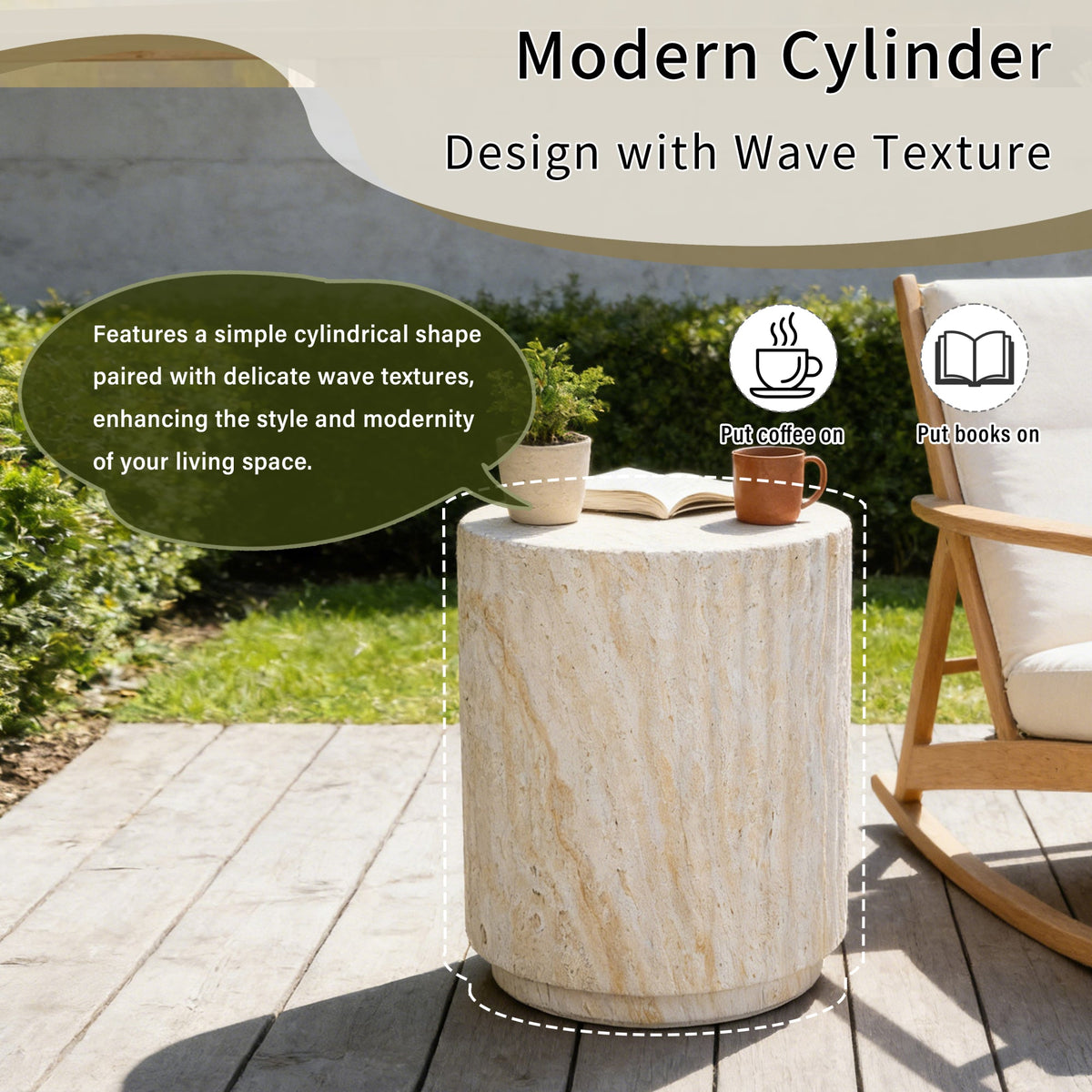 Roomfitters Modern Cylinder Wave Outdoor Side Table, Round Plant Stand, Beige MgO Patio End Table, Ripple Design Roomfitters