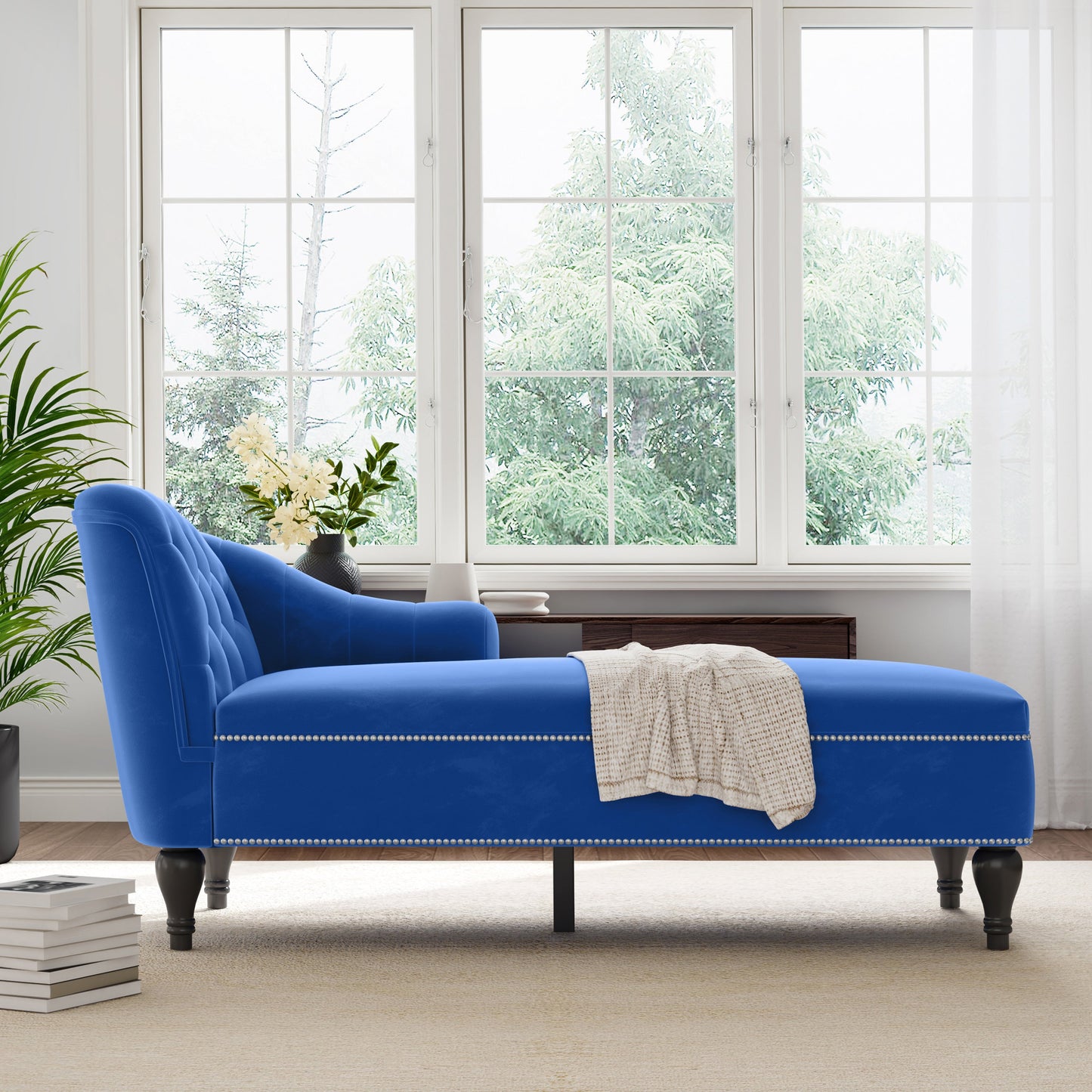 Roomfitters 58 Inch Fainting Couch, Velvet Upholstered Chaise Lounge Sofa with Button-Detailed Back & Nailhead Trim, Blue Roomfitters