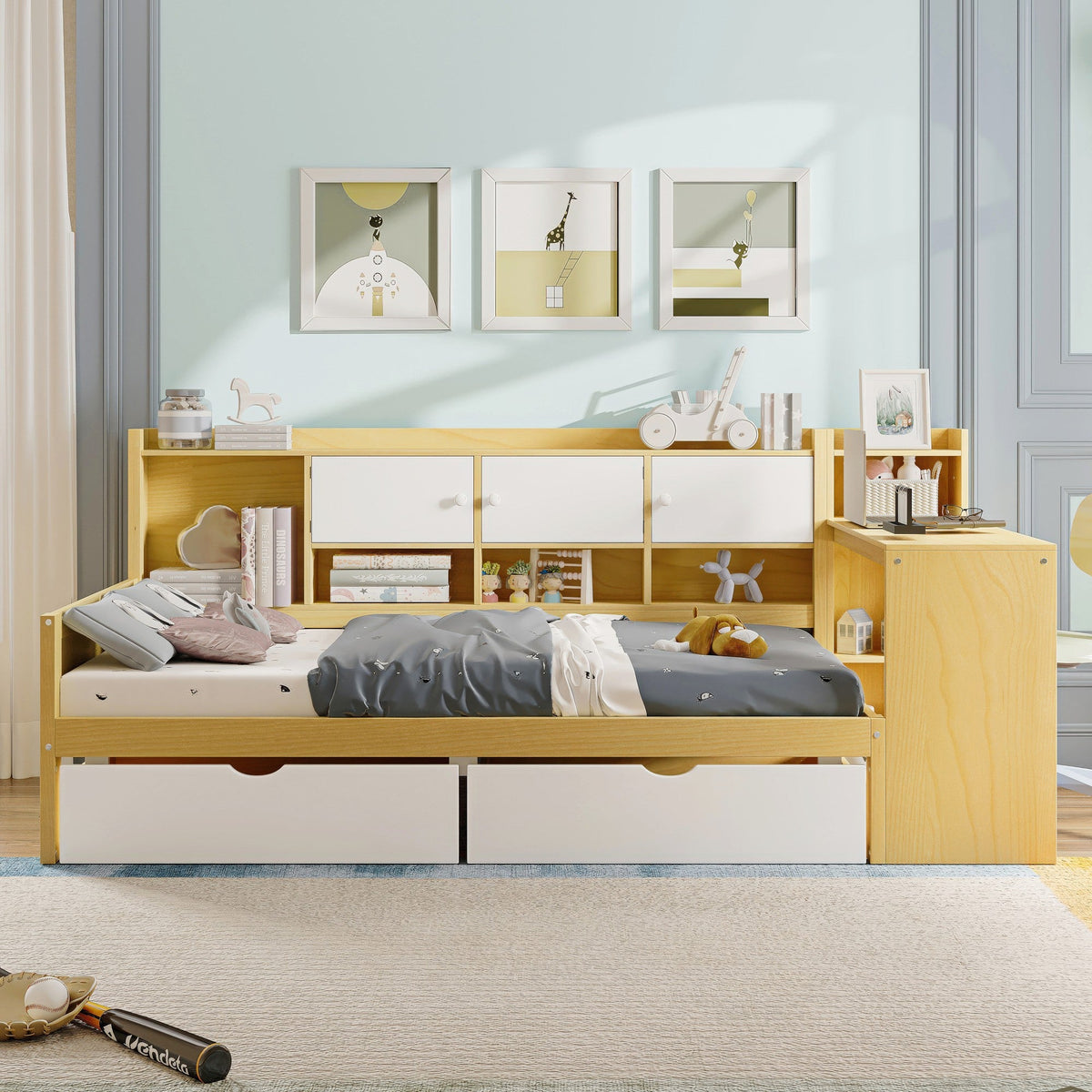 Roomfitters Wooden L-Shape Daybed with Seven Storage Cabinets and Two Storage Compartments, Multi-functional Bed with Study Desk and Built-in Bookshelf, Natural+White