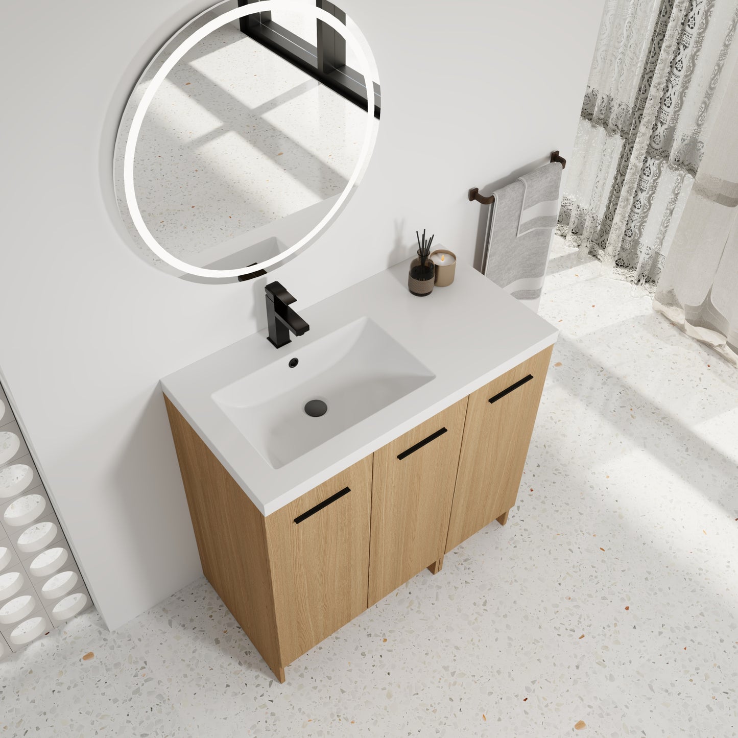 36" Modular Freestanding Bathroom Vanity with 36" Resin Sink Top, Light Oak, 2-Piece Cabinet (24" 2-Door + 12" 1-Door), KD Cabinet, Includes Black & Brushed Aluminum Handles