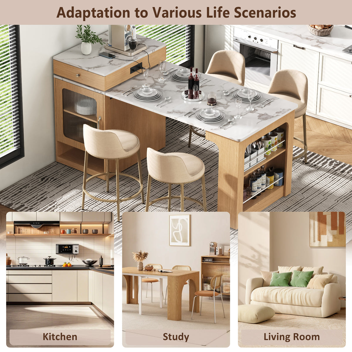 variant-group:rf-n707s000017y|Roomfitters 59.5" Kitchen Island with 41.8" Extendable Dining Table, Double-Sided Storage, Power Outlet, 2 Drawers, Natural