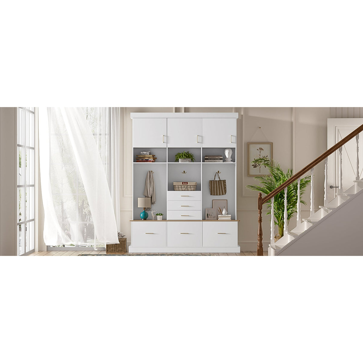 Roomfitters 5-in-1 Modern Entryway Hall Tree, 6 Drawers, 3 Wardrobe Cupboards, White Roomfitters
