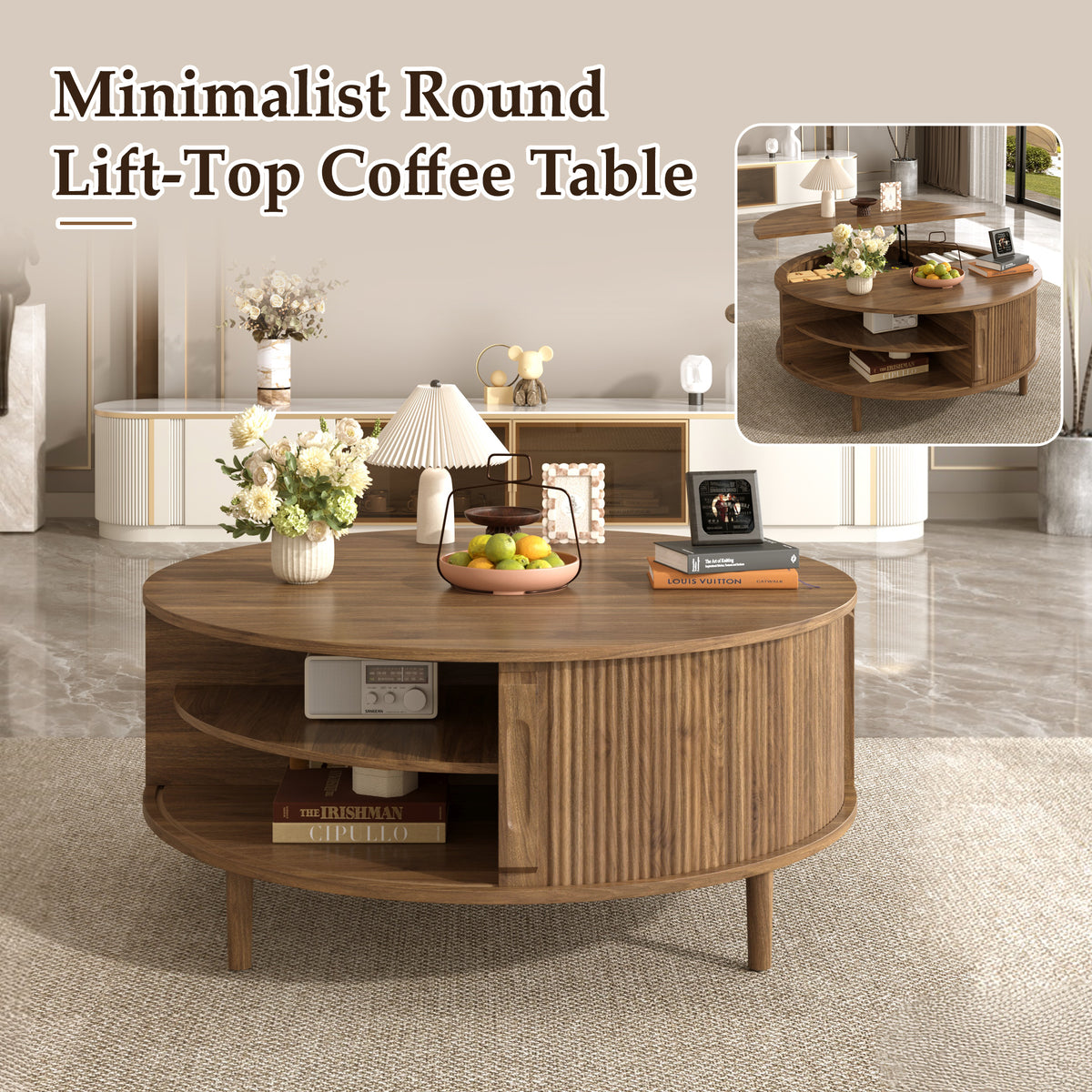variant-group:rf-n724p416053m|Roomfitters Minimalist Round Lift-Top Coffee Table with Side Sliding Door, Antique Brown