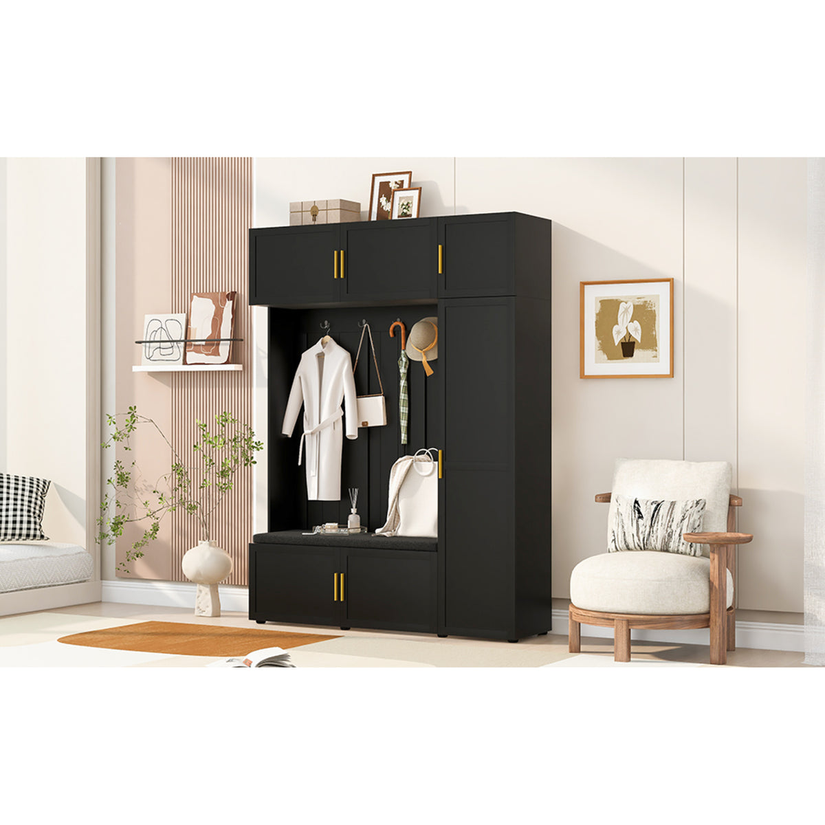 variant-group:rf-n724sj000166aab|Roomfitters American Style 4-in-1 Hall Tree, Upholstered Entryway Bench, Antique Black