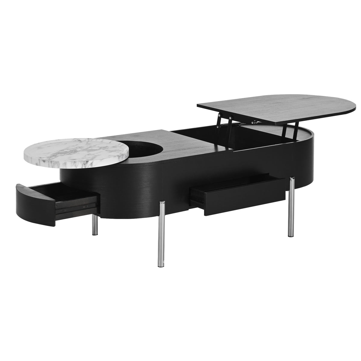 variant-group:rf-n724p228920b|Roomfitters Lift Top Oval Coffee Table with Rotating Marble Tray and Hidden Compartment, Black