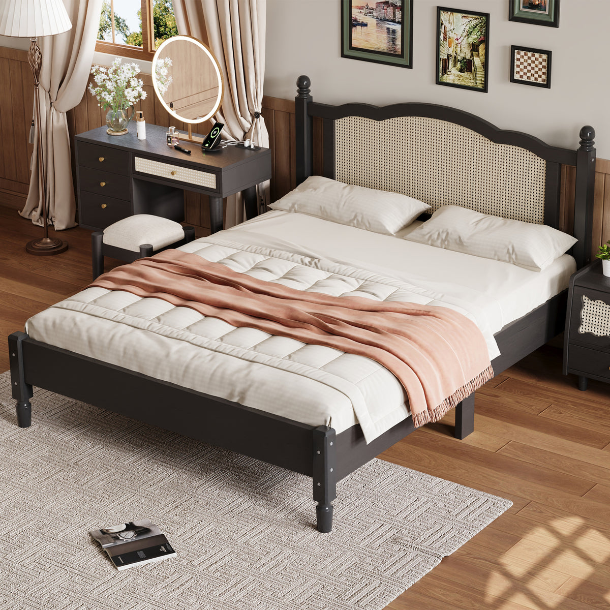 variant-group:rf-n733p180013b|Roomfitters Queen Size Wooden Platform Bed with Natural Rattan Headboard, Vintage-Inspired Bed Frame with Sturdy Wooden Slat Support for Timeless Elegance, Black