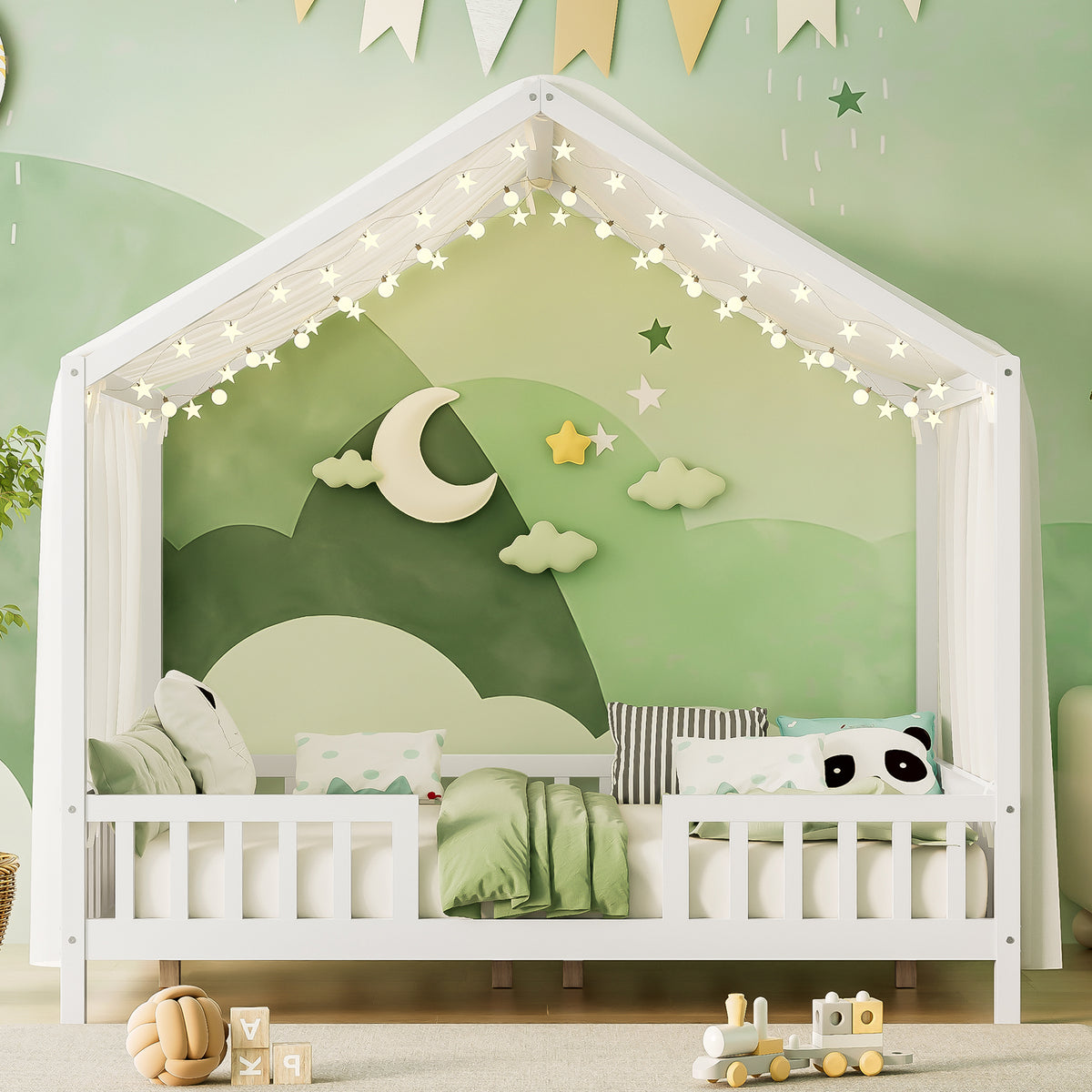 variant-group:rf-n733p356048k|Roomfitters Full Montessori Floor Bed with Canopy, House Shape Wood Frame with Safety Rails, Platform Bed, White