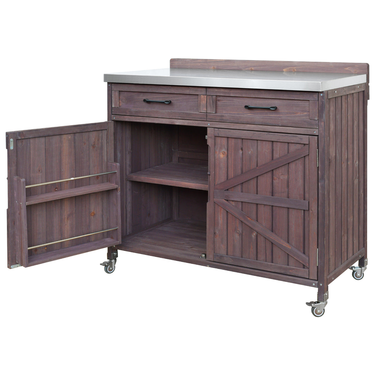 variant-group:rf-n707p370273z|Roomfitters 39.4" Grill Cart, Outdoor Kitchen Island with Stainless Steel Top, BBQ Prep Station with Storage Cabinet, Brown