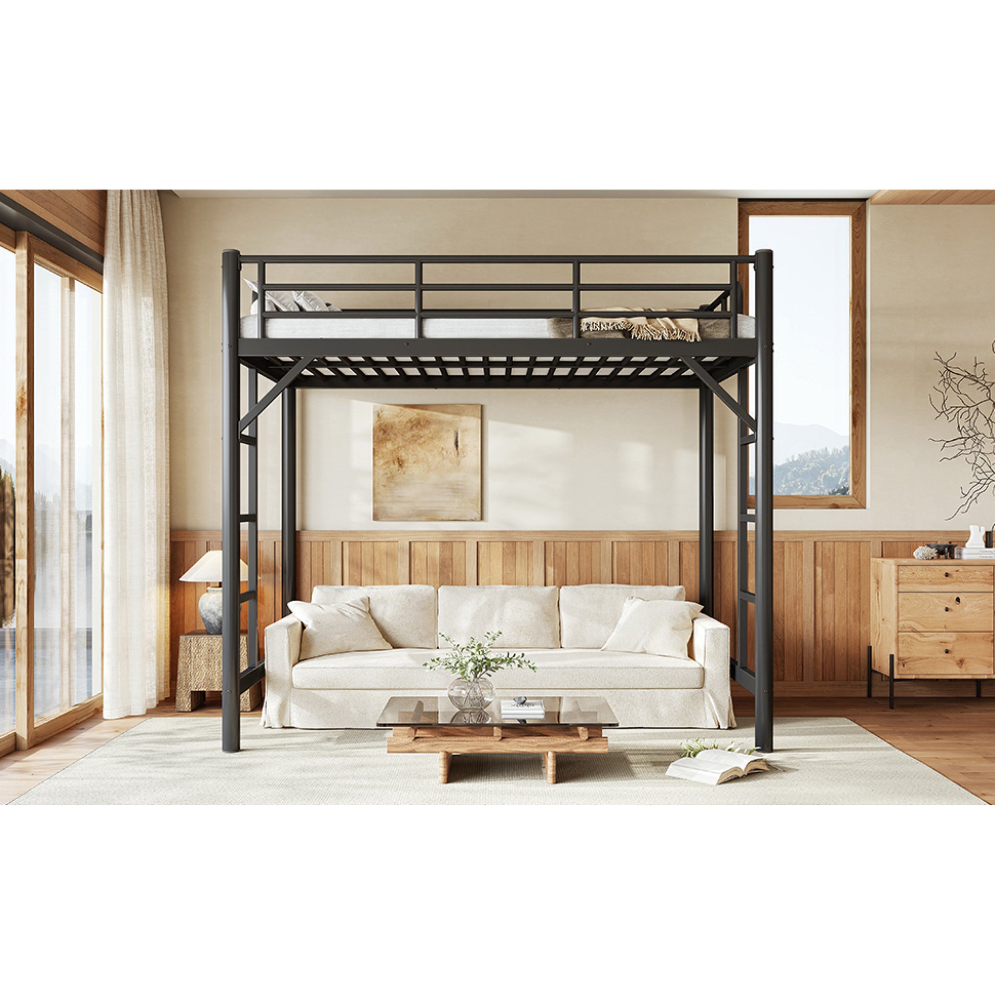 variant-group:rf-w1580p455010|Roomfitters Twin Size Metal Loft Bed Frame with Guardrails, Heavy Duty Space Saving High Loft Bed Dual Ladders, Black