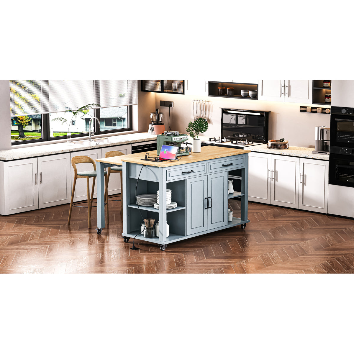 variant-group:rf-n707p215327g|Roomfitters 47" Kitchen Island with Extendable Dining Table, Storage Cabinet, Power Outlet, Rubber Wood Veneer, Grey Blue