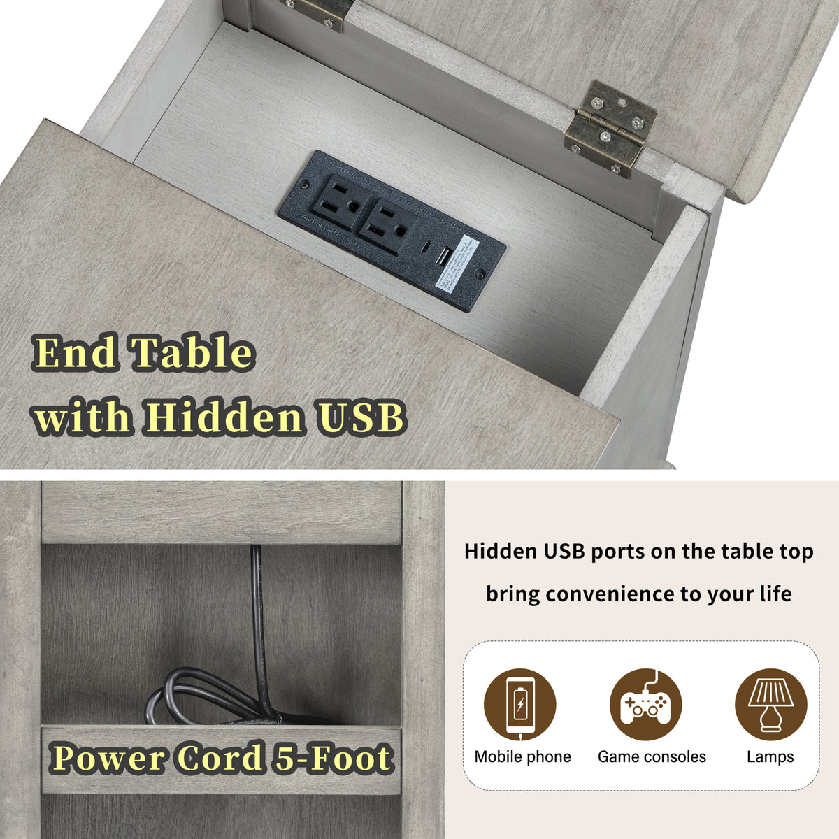 variant-group:rf-n724p353565e|Roomfitters Classic Charging End Table with USB Ports and Storage Drawer, Antique Gray