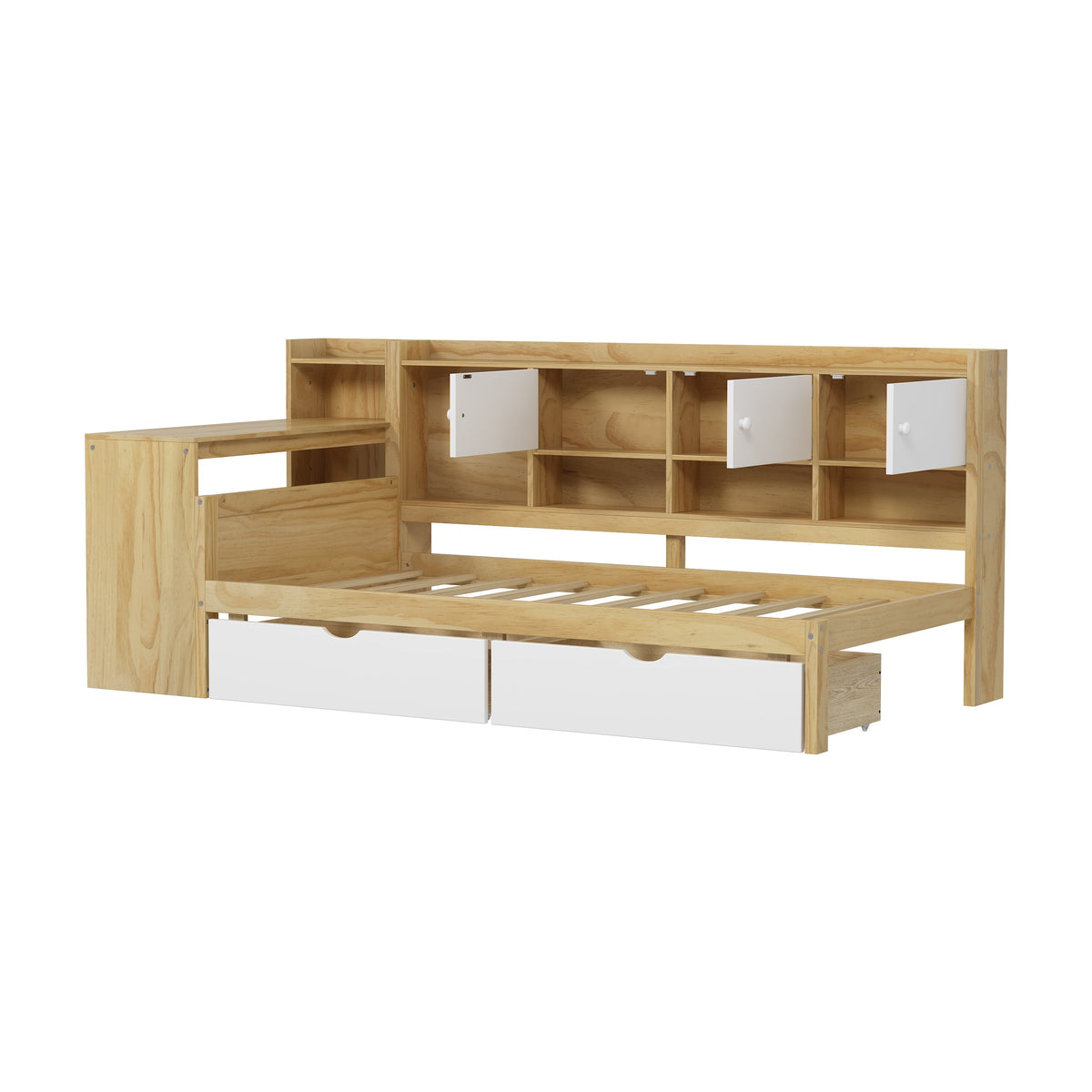 Roomfitters Wooden L-Shape Daybed with Seven Storage Cabinets and Two Storage Compartments, Multi-functional Bed with Study Desk and Built-in Bookshelf, Natural+White