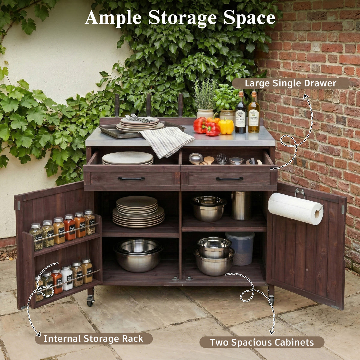 variant-group:rf-n707p370273z|Roomfitters 39.4" Grill Cart, Outdoor Kitchen Island with Stainless Steel Top, BBQ Prep Station with Storage Cabinet, Brown