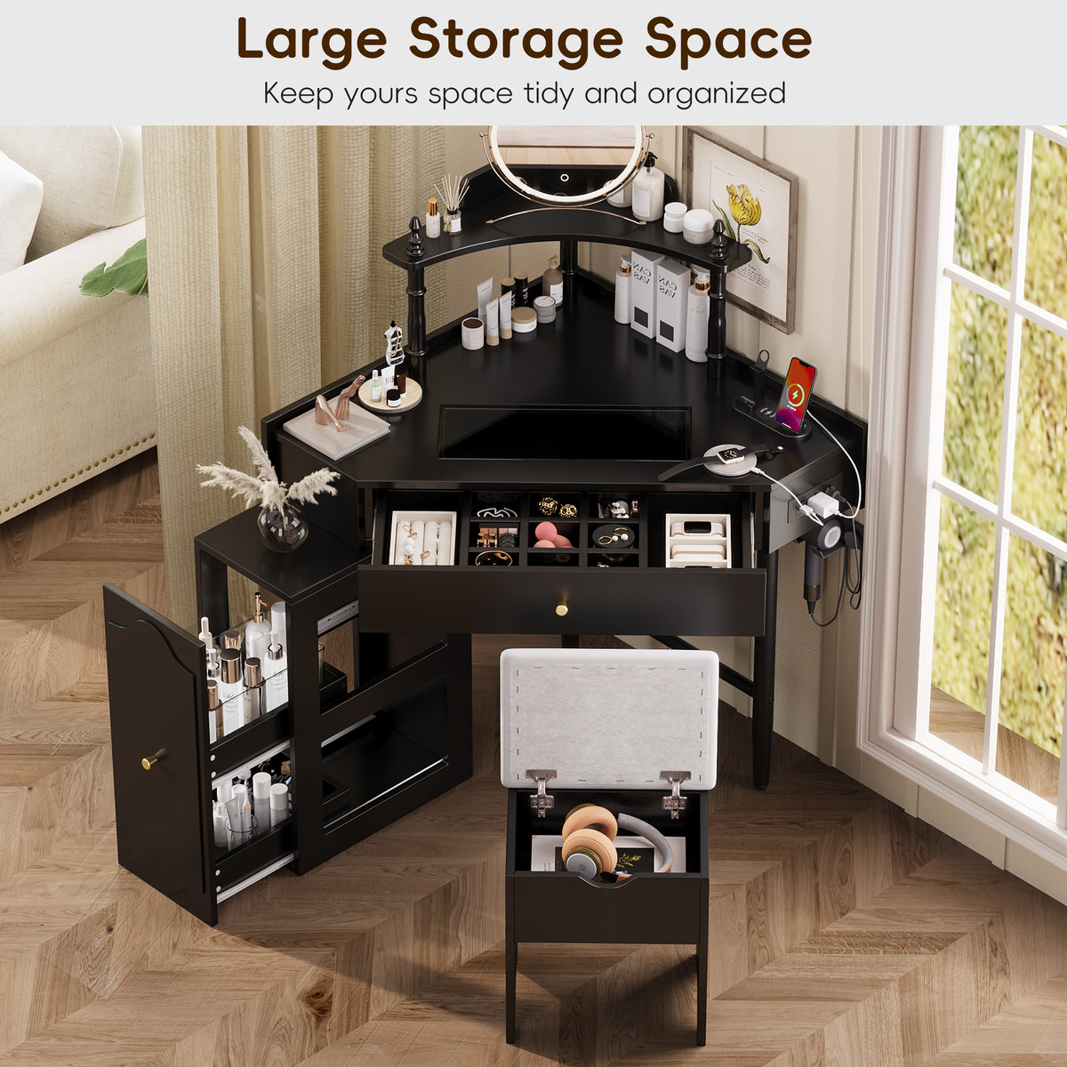 variant-group:rf-n733p336237b|Roomfitters Corner Vanity Desk Set with Stool, Charging Station, Glass Top, Drawer, Shelf, Pull-Out Cabinet, Black