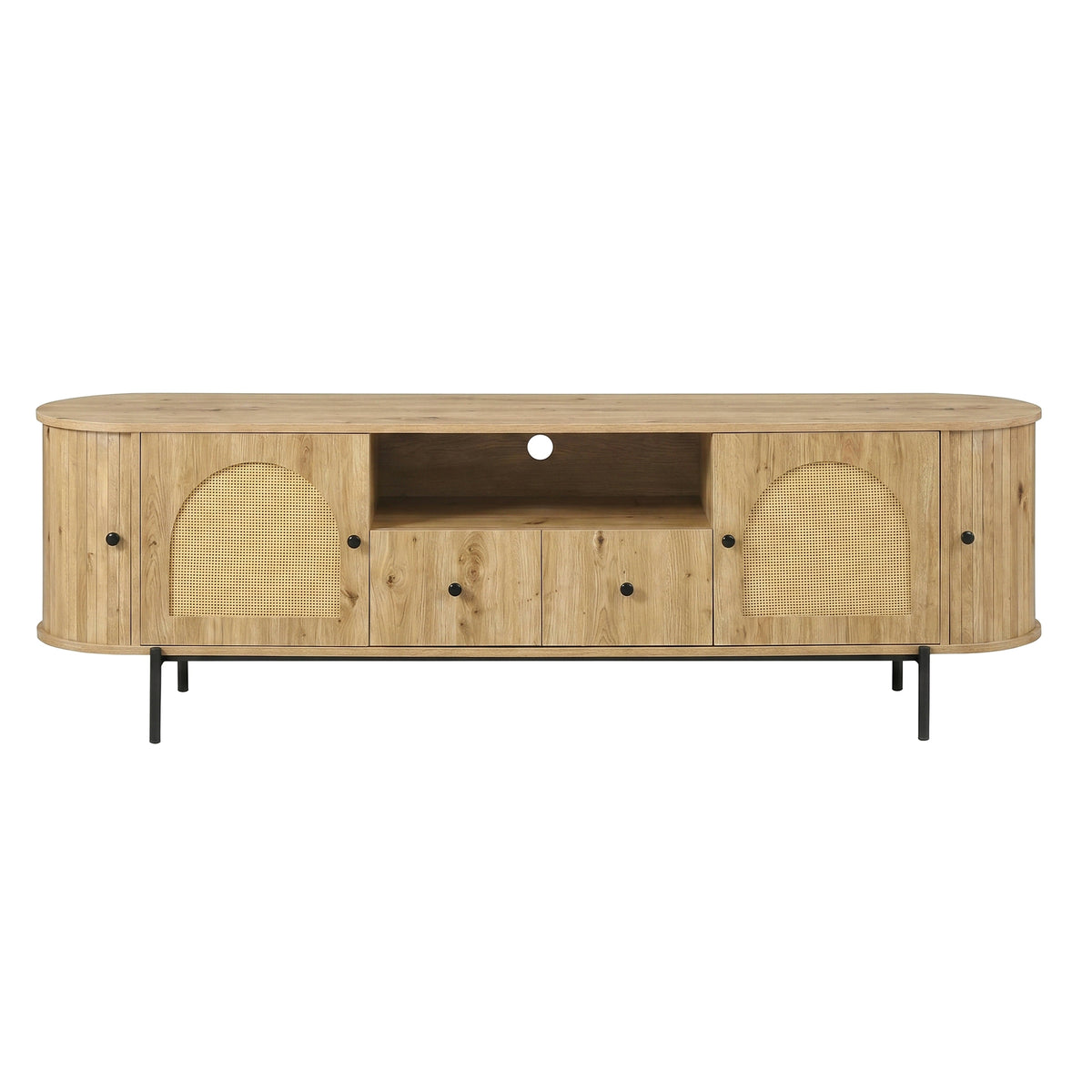 variant-group:rf-n724p437189d|Roomfitters American Style TV Stand with Rattan Arched Doors, Steel Legs, Burly Wood