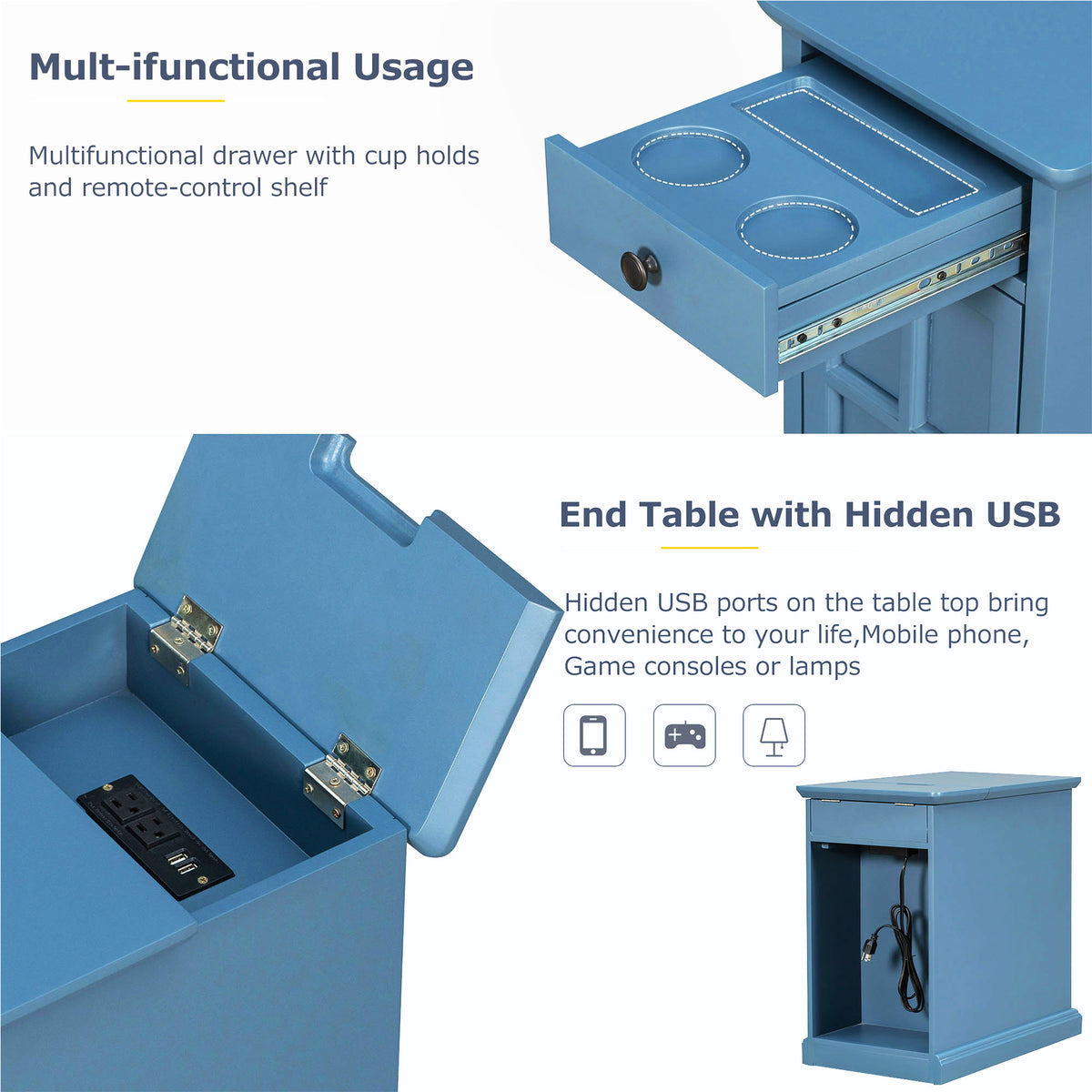 variant-group:rf-n724p185778m|Roomfitters Vintage End Table with USB Ports, Cup Holders and Multifunctional Storage for Living Room, Navy Blue