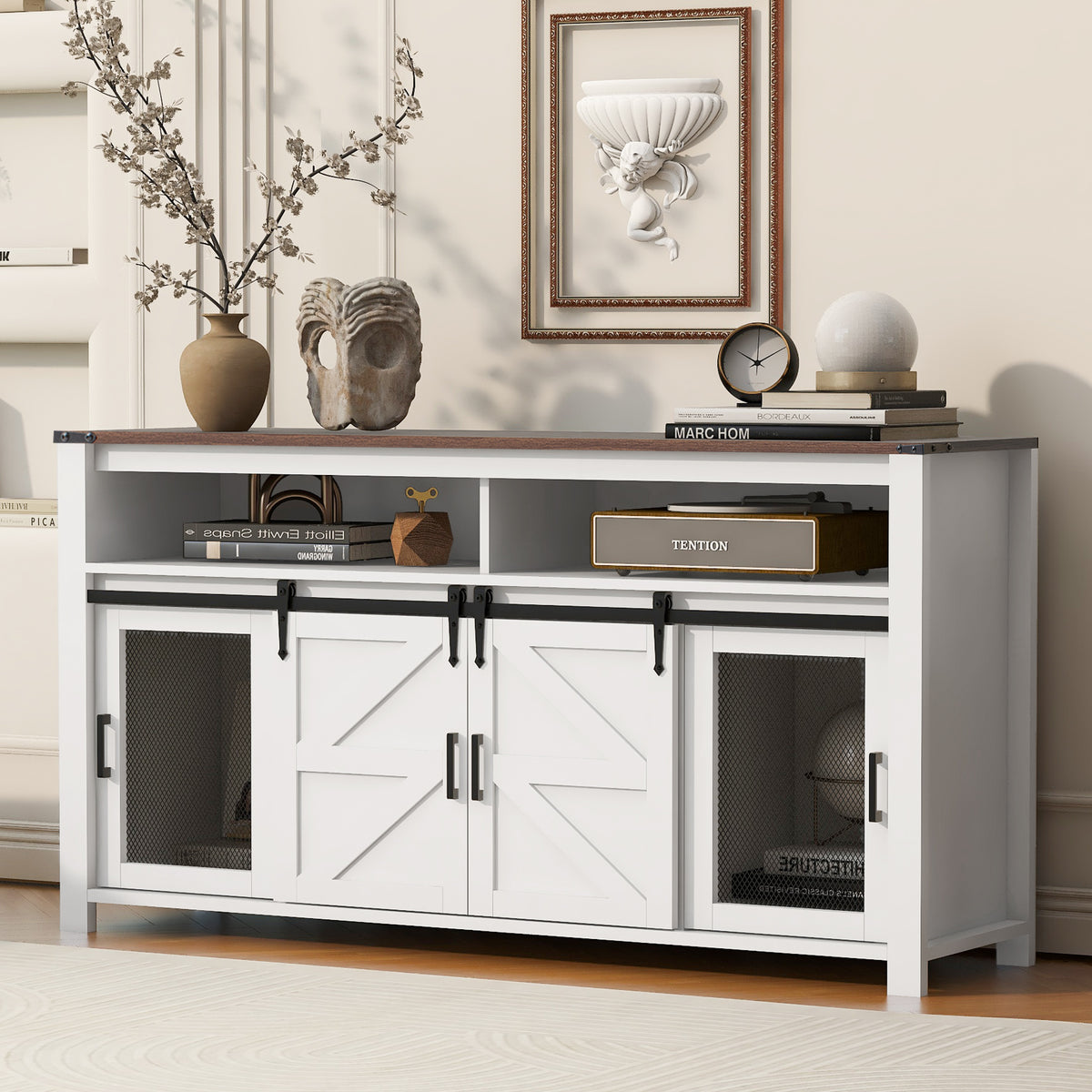 variant-group:rf-n711p347388k|Roomfitters 59.3" Sideboard Buffet Cabinet with Sliding Barn Doors, Modern Farmhouse Storage for Kitchen & Dining, Brown+White