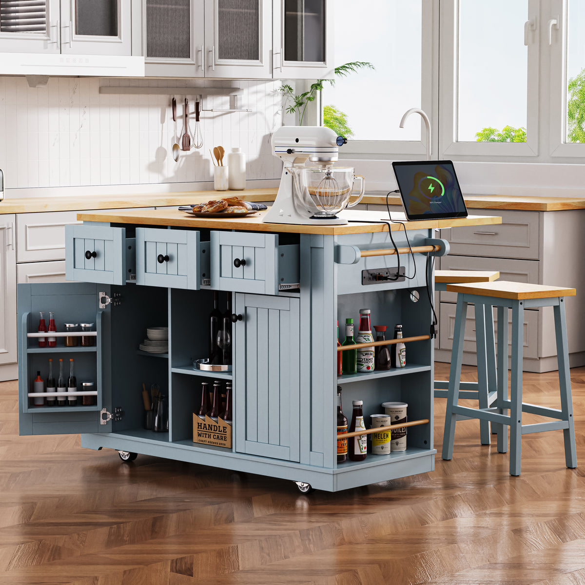 variant-group:rf-n707s003007g|Roomfitters 53" Kitchen Island with 2 Bar Stools, Drop Leaf, Power Outlet, Rolling Kitchen Cart Set with Storage, Grey-Blue