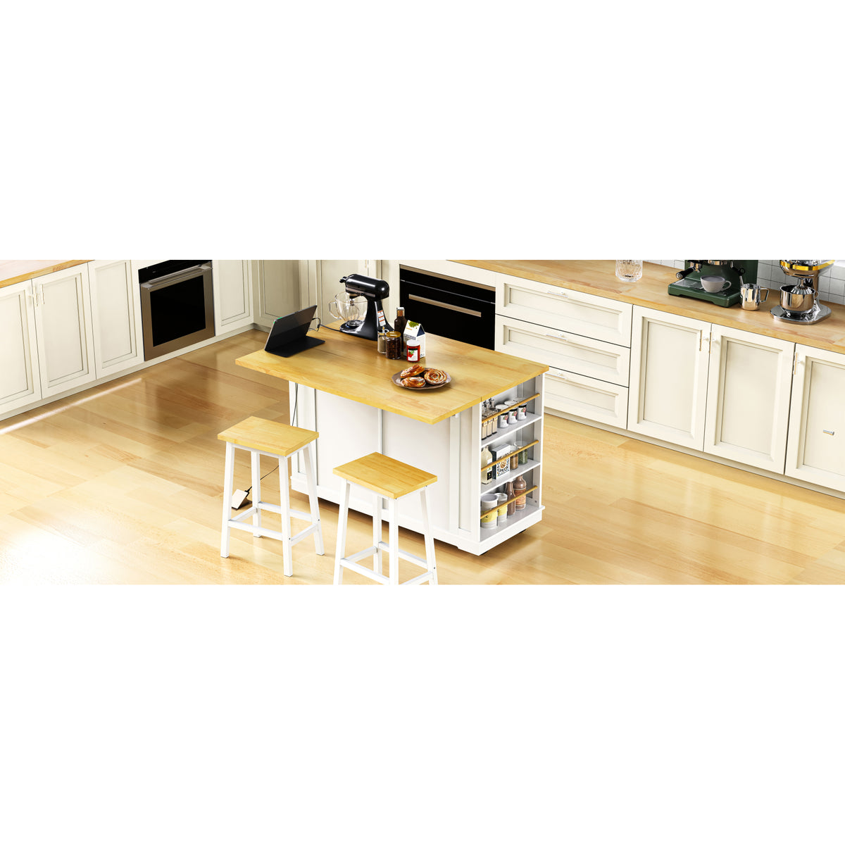 variant-group:rf-n707s257057w|Roomfitters 48" Kitchen Island with Power Outlet and Drop Leaf, Rolling Storage Cabinet with Wood Top and Spice Rack, White
