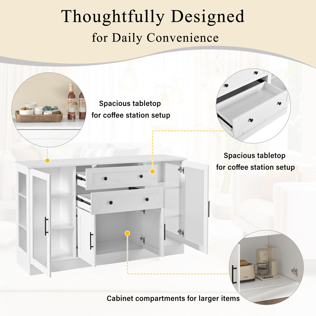 variant-group:rf-n711p437648k|Roomfitters Contemporary White Melamine MDF Buffet Sideboard Storage Cabinet Acrylic Doors Dining Room Kitchen Console