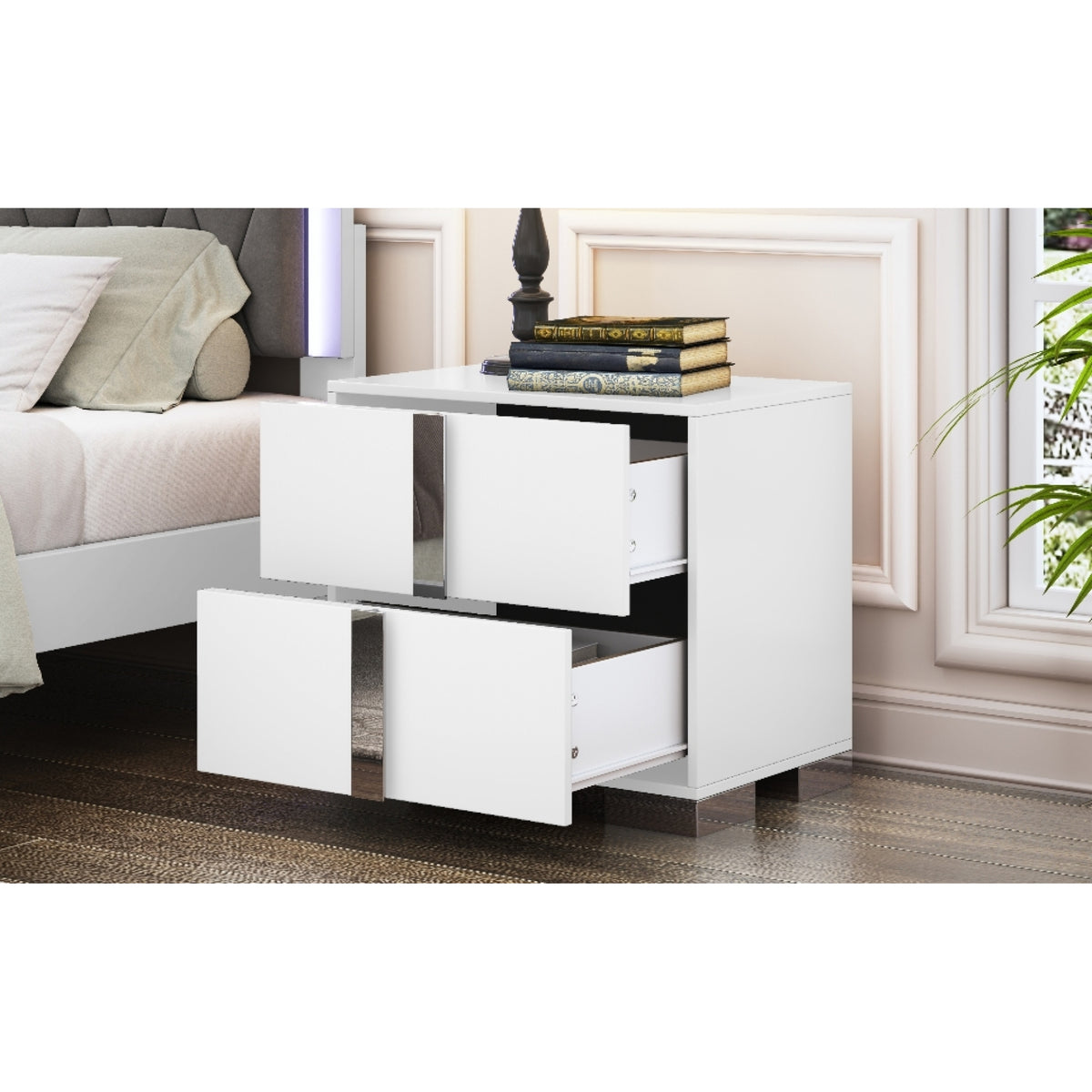 variant-group:rf-n733p307938w|Roomfitters Elegant Mirrored Nightstand with 2 Drawers and Metal Handle, Bedside Table for Bedroom or Living Room, White