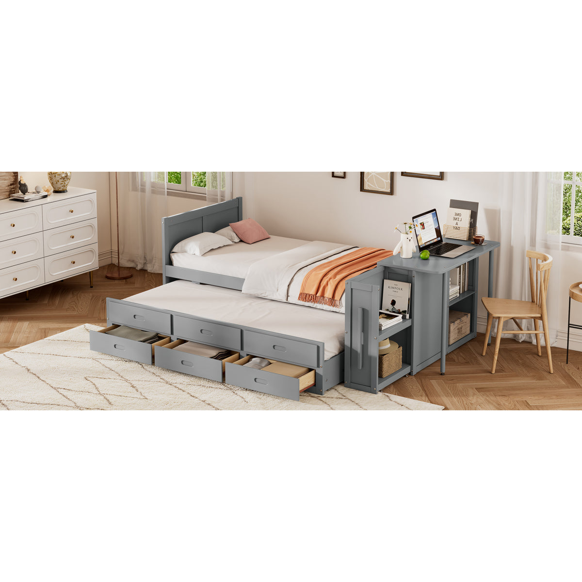 variant-group:rf-n733s212832e|Roomfitters Twin Size Multifunctional Wood Platform Bed with Desk and Storage Shelf, Built-in Trundle and Storage, Grey