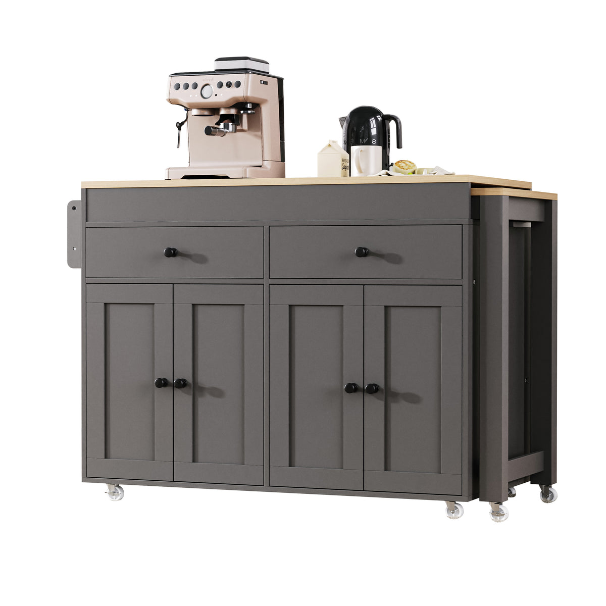 variant-group:rf-n707p333291g|Roomfitters 74.8" Rolling Kitchen Island with Extendable Dining Table, Mobile Cart with 4 Doors, 2 Drawers & Spice Rack, Grey