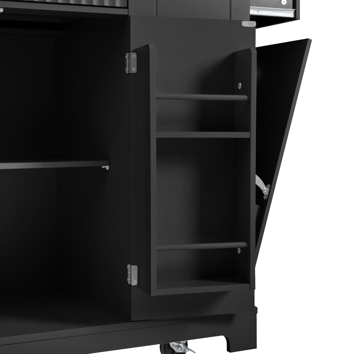 Roomfitters 48" Rolling Kitchen Island with Tilt-Out Trash Can Cabinet, Mobile Cart with Power Outlets, Fluted Drawers, White