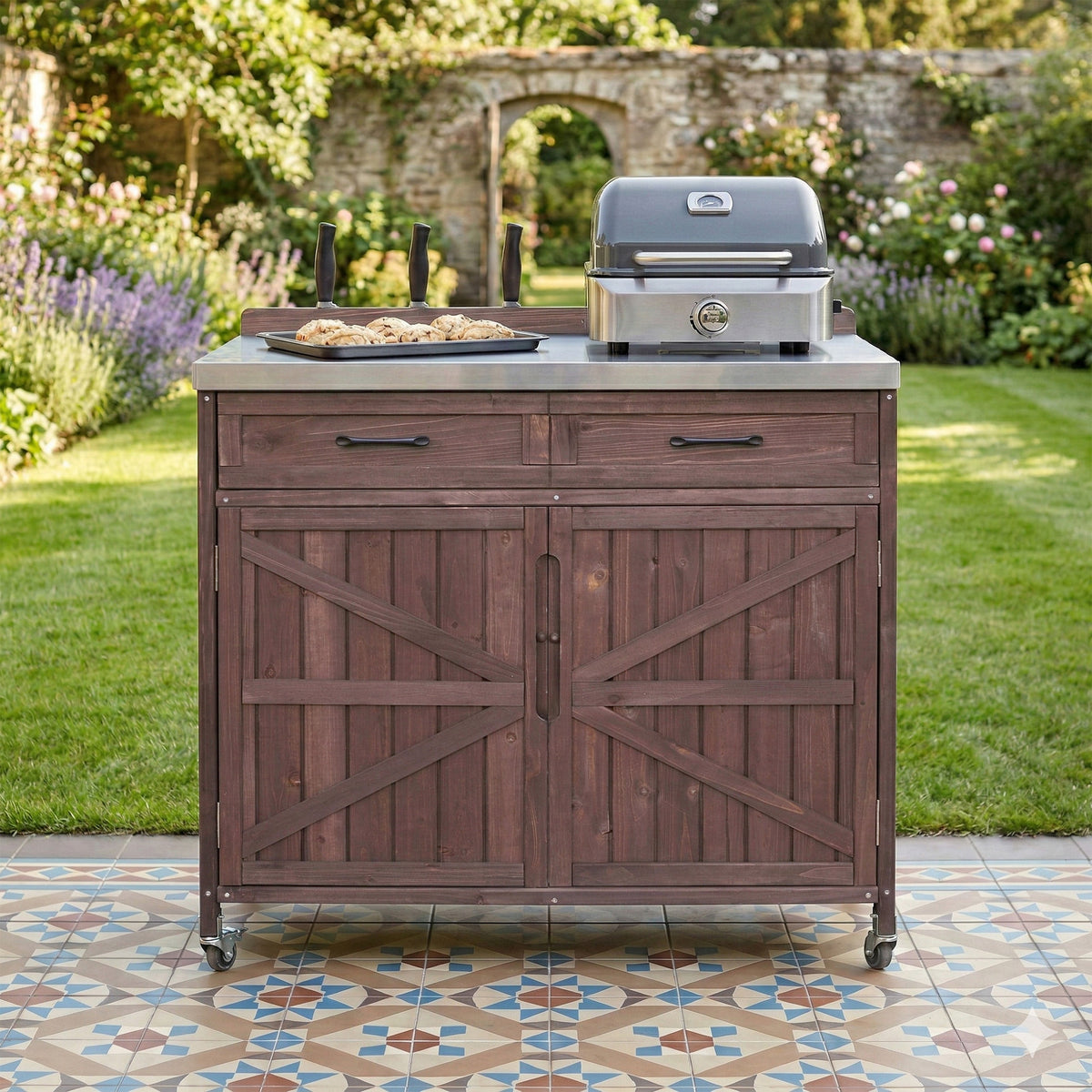variant-group:rf-n707p370273z|Roomfitters 39.4" Grill Cart, Outdoor Kitchen Island with Stainless Steel Top, BBQ Prep Station with Storage Cabinet, Brown