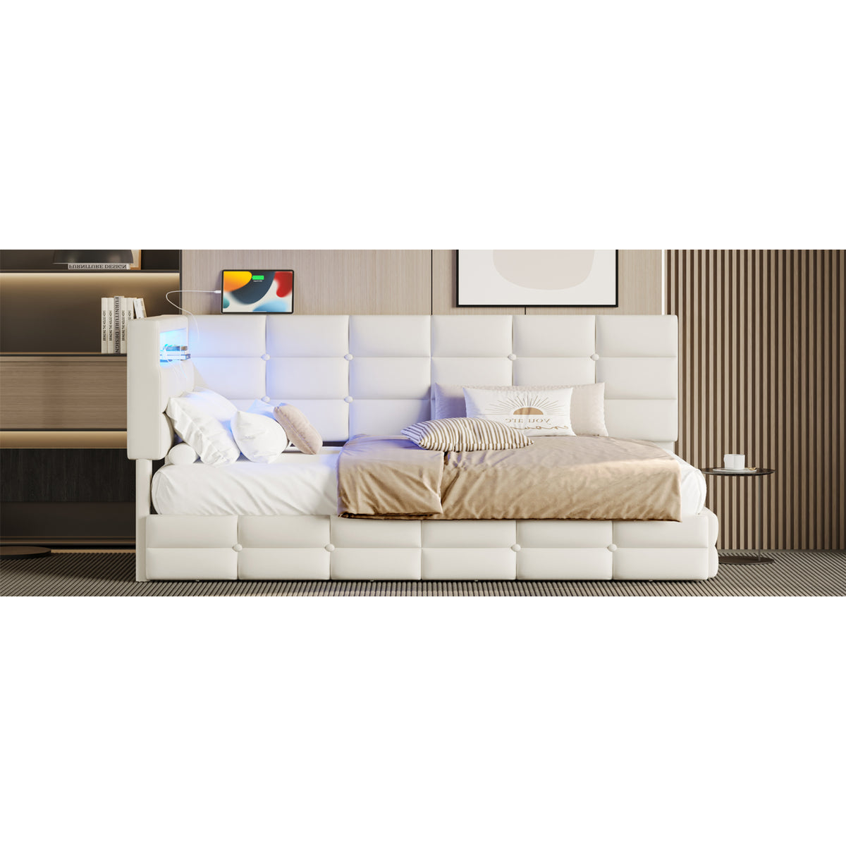 variant-group:rf-n733p285121a|Roomfitters Upholstered Twin Size Daybed with Storage Drawers and Charging Station, Bed Frame with Storage Headboard, No Box Spring Needed, Beige