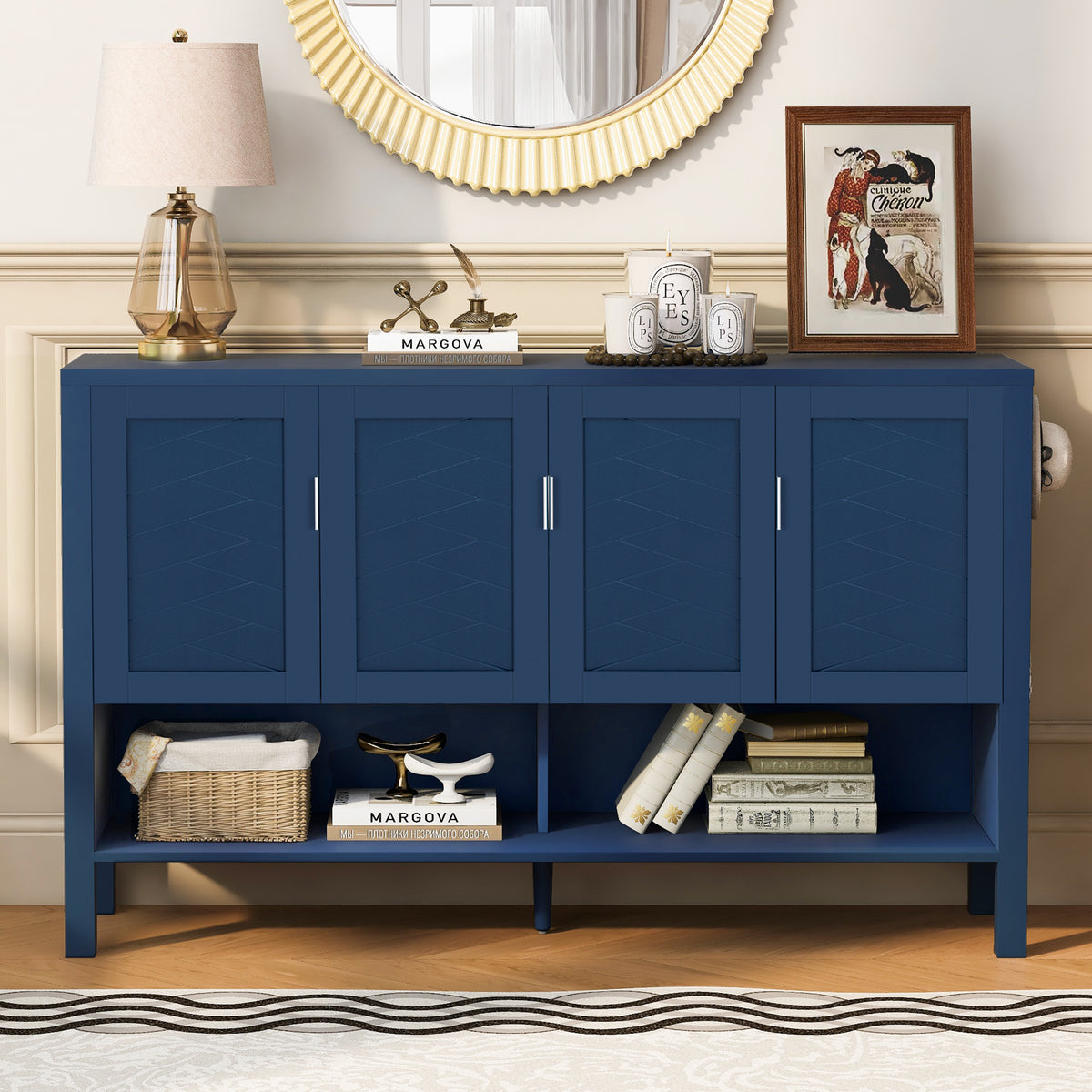 variant-group:rf-n711p345165v|Roomfitters Sideboard Buffet Cabinet with 4 Door Mid-century Modern Geometric Storage and Open Shelf for Kitchen & Dining, Blue