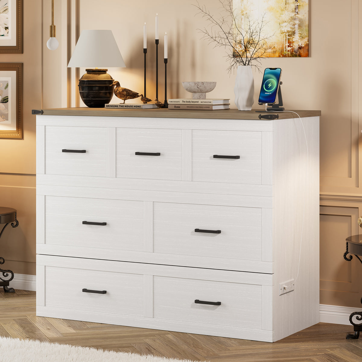 variant-group:rf-n733s293995w|Roomfitters Full Size Murphy Bed Cabinet with Charging Station, Foldable Platform Bed with Storage Drawer, White