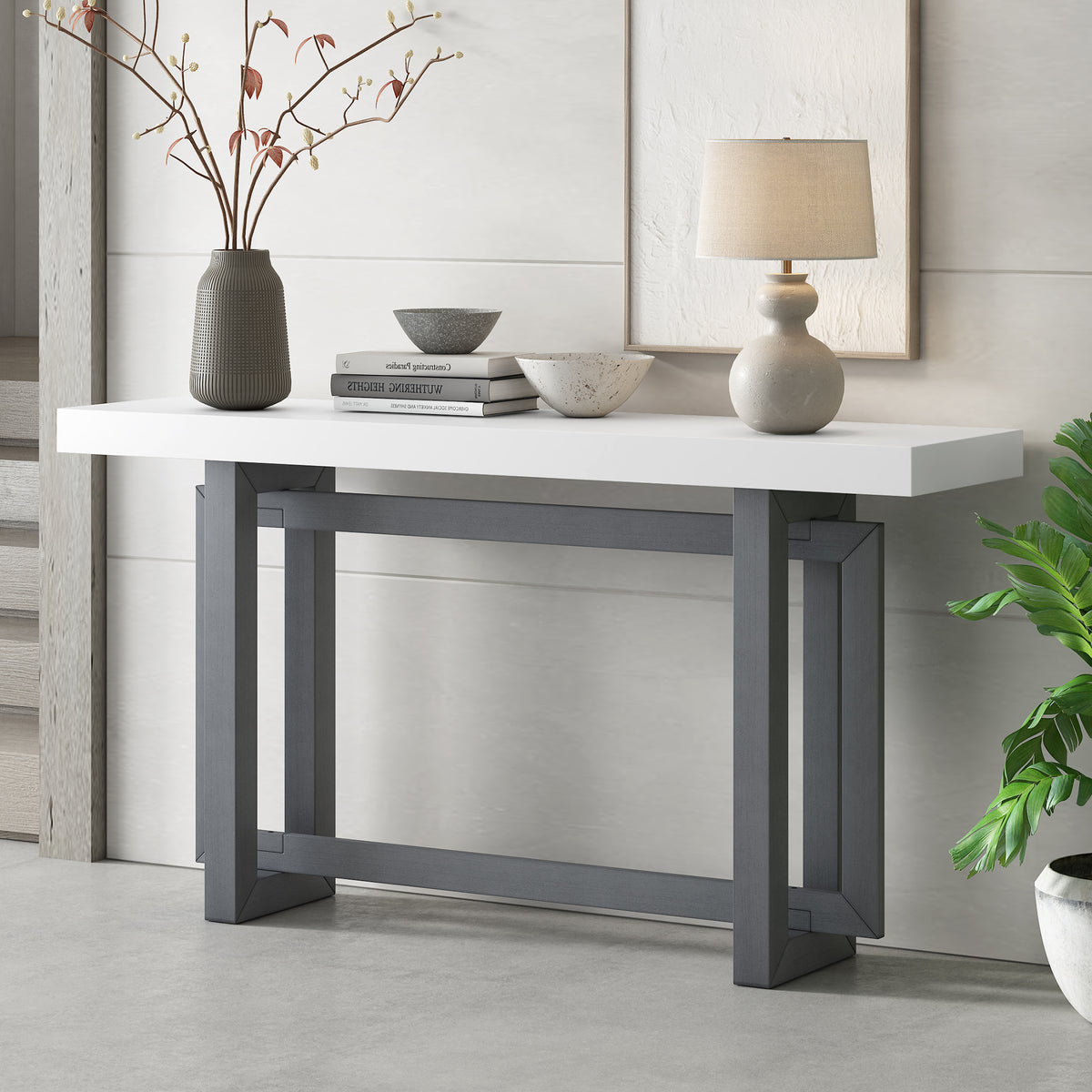 variant-group:rf-n711p410422m|Roomfitters Contemporary Dark Grey and White Pine Veneer Extra Long Console Table with Unique Triple Rectangle Solid Wood Legs