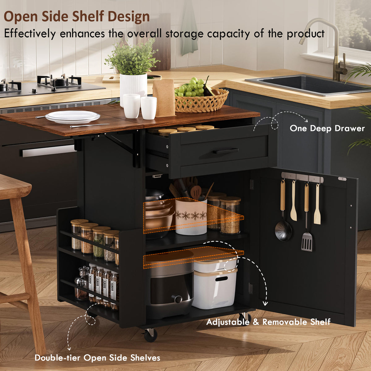 variant-group:rf-n707p404539b|Roomfitters 39.3" Kitchen Island with Drop Leaf, Rolling Kitchen Cart with Storage Drawer and Spice Rack, Modern Style, Black