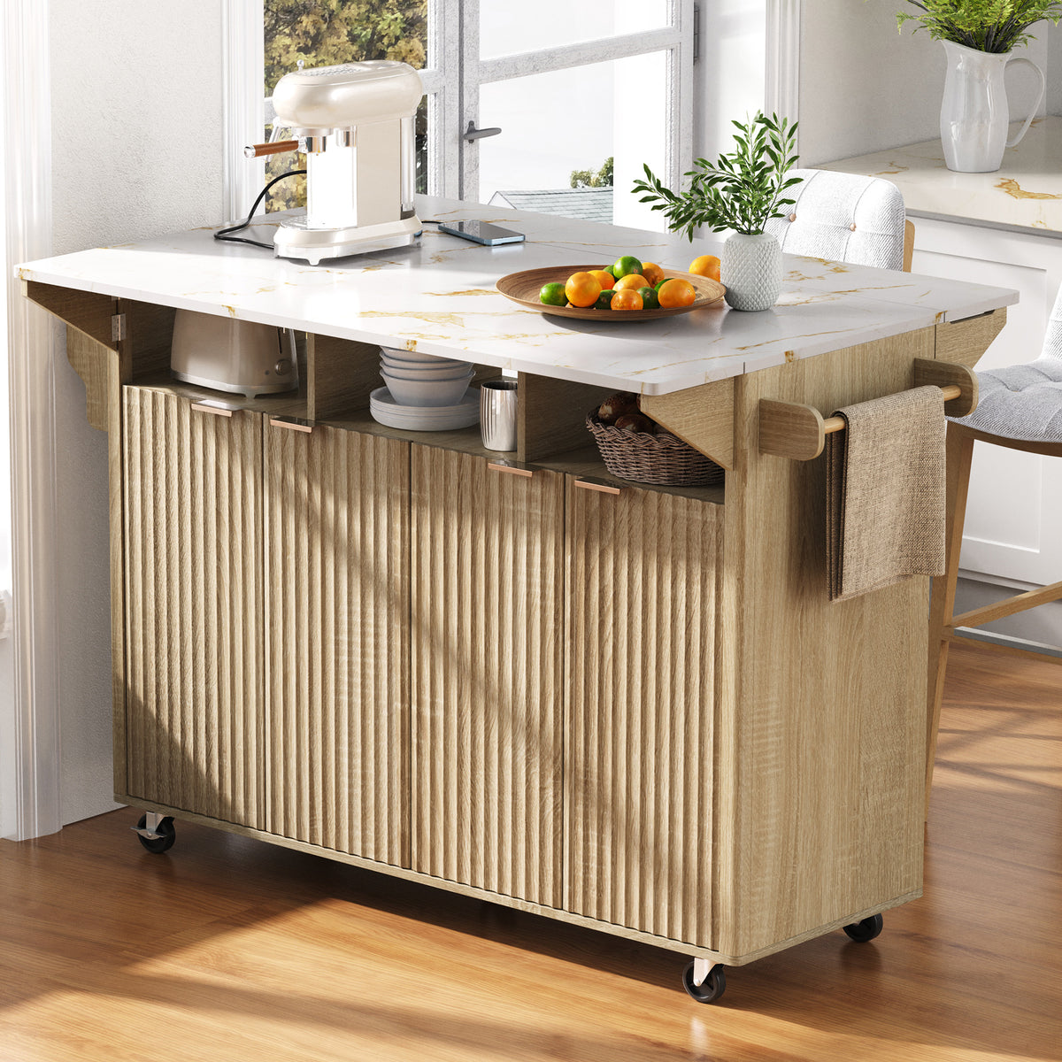 variant-group:rf-n707p353934y|Roomfitters 55.5" Fluted Kitchen Island with Double Drop Leaf, Natural Storage Cart with Power Outlet & Faux Marble Top