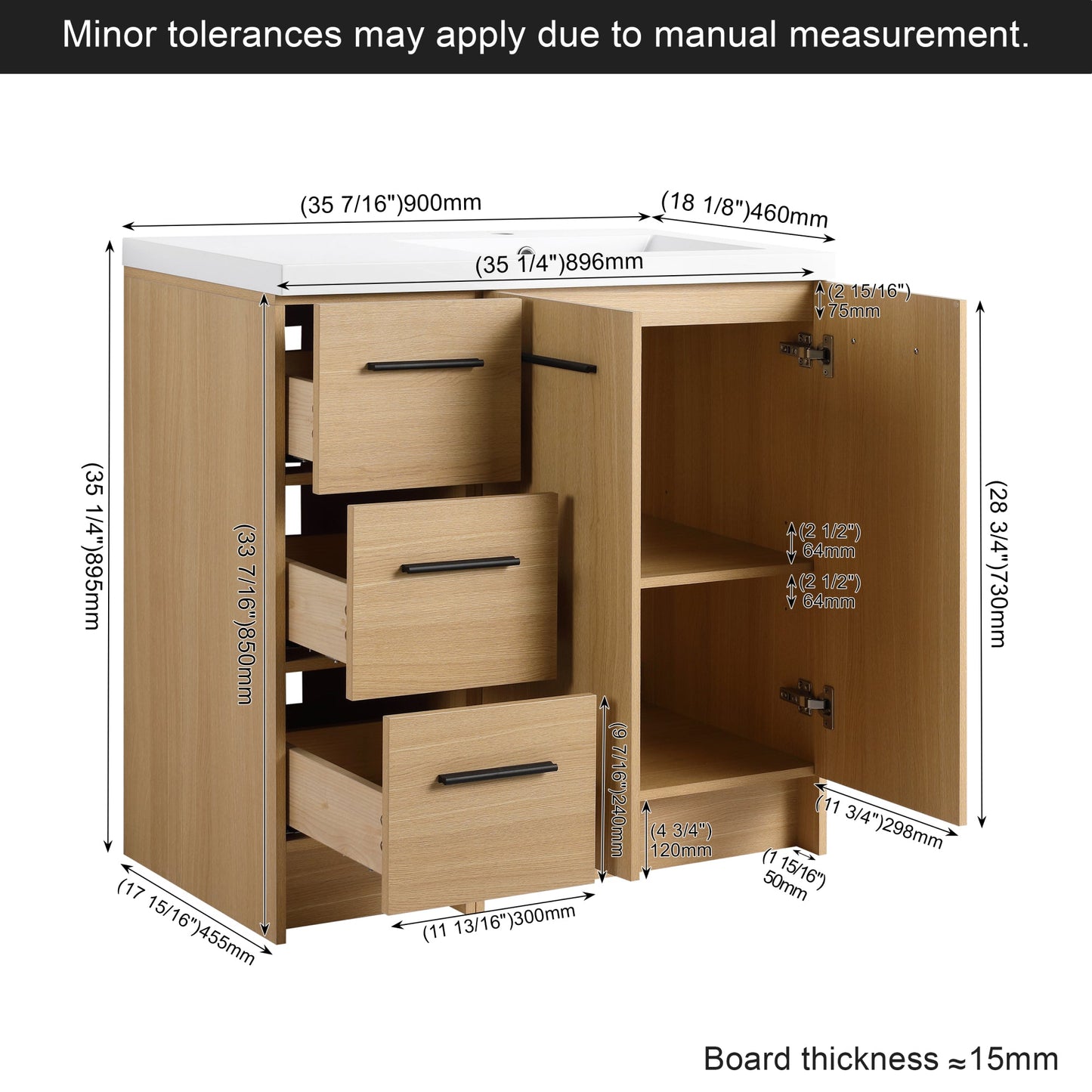 36" Modular Freestanding Bathroom Vanity with 36" Resin Sink Top, Light Oak, 2-Piece Cabinet (24" 2-Door + 12" 3-Drawer), KD Cabinet, Includes Black & Brushed Aluminum Handles Roomfitters