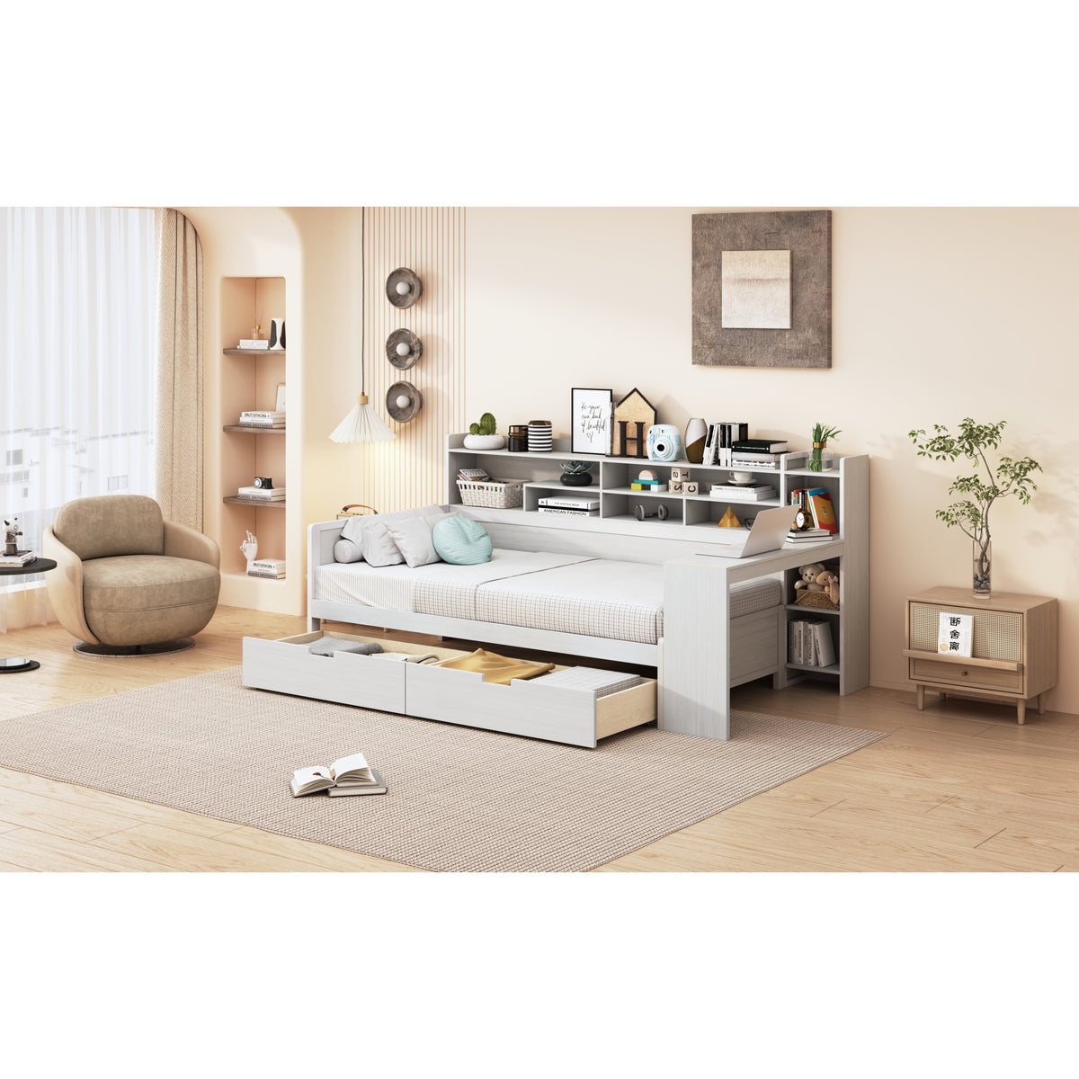 variant-group:rf-n733s241484k|Roomfitters Wooden Twin Size Daybed with Storage Shelves, Multi-functional Bed with Two Storage Compartments and Study Desk, Antique White