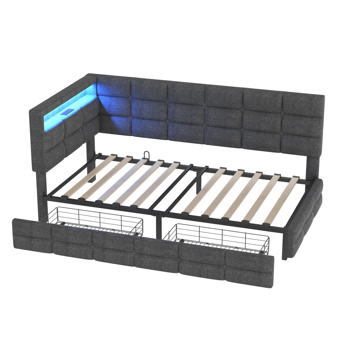 variant-group:rf-n733p285121e|Roomfitters Upholstered Twin Size Daybed with Storage Drawers and Charging Station, Bed Frame with Storage Headboard, No Box Spring Needed, Gray