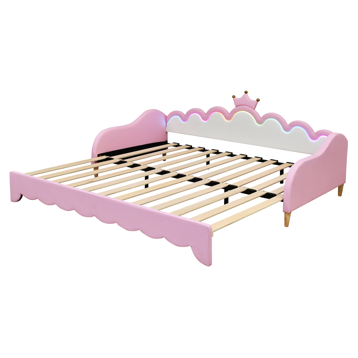 variant-group:rf-n733hl000104aah|Roomfitters Twin Extending Daybed with Lights, Modern Upholstered Princess Daybed Featuring Crown Headboard, Elegant and Practical Design, Pink