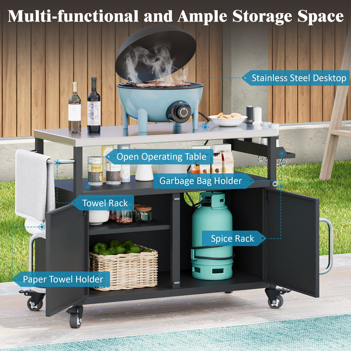 Roomfitters 54.5" Outdoor Kitchen Island with Stainless Steel Top, Rolling Grill Prep Cart with Propane Tank Storage, Black