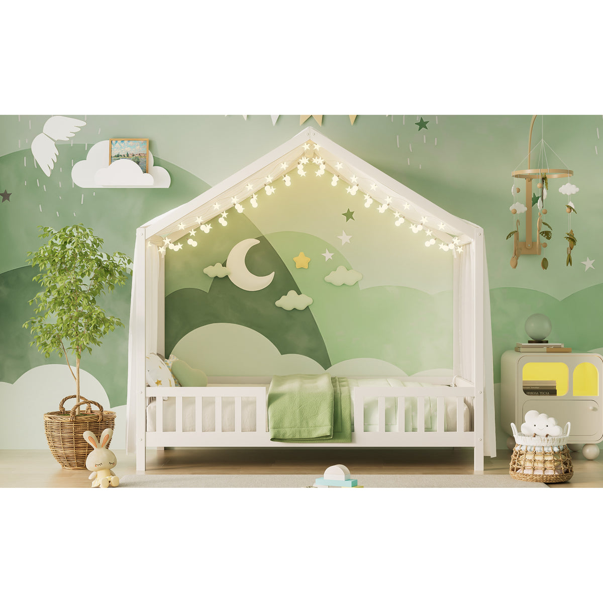 variant-group:rf-n733p356043k|Roomfitters Twin Montessori Floor Bed with Canopy, House Shape Wood Frame with Safety Rails, Youth Platform Bed, White